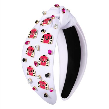 Derby Headband for Women Horseshoe Headband Rhinestone Jeweled Wide Top Knot Headband Kentucky Derby Hair Accessories Outfits Party Favors (Derby C-White 1)