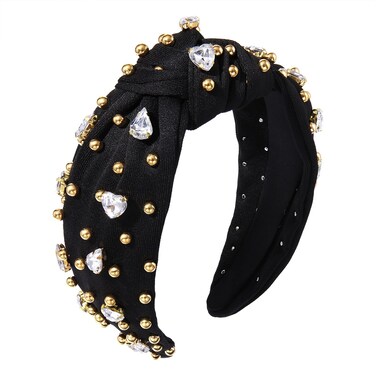 Crystal Knotted Headbands for Women Sparkly Rhinestone Jeweled Headbands Wide Gold Beads Embellished Hairbands Summer Beach Hair Accessories (Black)