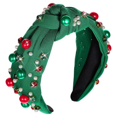 Christmas Headbands for Women, Pearl Knotted Headband Xmas Red Green Pearl Rhinestone Crystal Jeweled Hairband Fashion Elegant Wide Top Knot Hair Accessories for Holiday Outfits Gifts (Green)