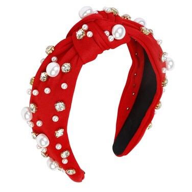 WOVOWOVO Valentine Red Pearl Headbands for Women Girls Fashion Valentines Top Knot Crystal Wide Head Bands for Women&rsquo;s Hair Velvet Rhinestone Jeweled Sparkly Beaded Embellished Hairband