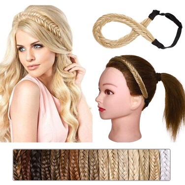 S-noilite Fishtail Braid Headband 4 Strands Classic Chunky Wide Plaited Braids Natural Looking Synthetic Hair Piece Extension Stretch Hairpiece Women Girl Fluffy Headband-45g Silver Gray