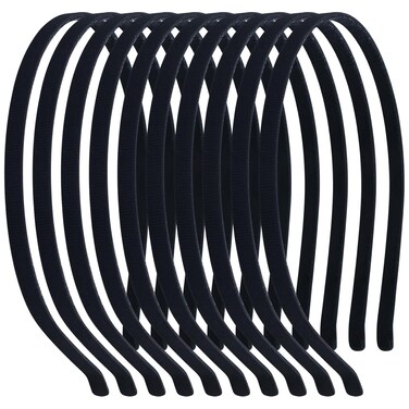 Lawie 10 Pack 7MM Plain Black Satin Cloth Fabric Covered Thin Slim Metal Headband Wire Hairband Elastic Skinny Velvet Hair Hoop Holder Clasp Tiara Crown Base for Women Men Crafting DIY Accessories