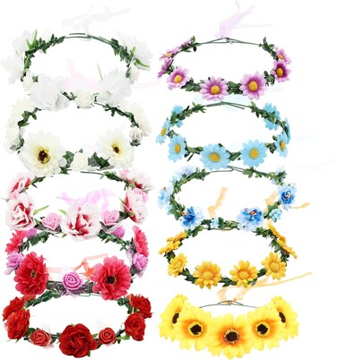 Lawie 10 Pack Boho Sunflower Daisy Rose Flower Crowns Floral Leaf Wreath With Ribbon Halo Headbands Hair Garland Bridal Headpiece Wedding Tiara Hairband Hawaiian Party Accessories for Kids Women Girl