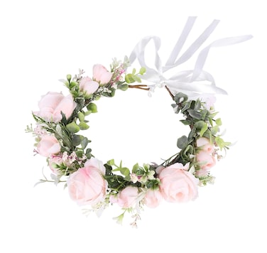 Vivivalue Women Flower Crown Rose Floral Headband Hair Wreath Floral Headpiece Halo Boho with Ribbon Wedding Party Pink