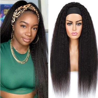 Headband Wigs For Black Women Human Hair 12A 180 Density Yaki Straight Headband Wigs Human Hair Kinky Straight Headband Wig Half Wigs For Black Women 14 inch