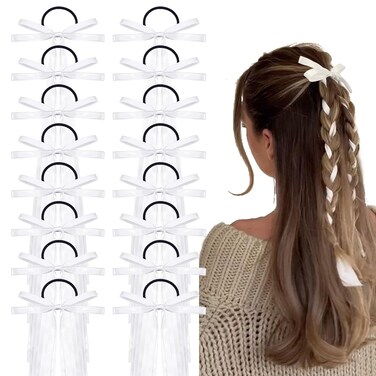 16Pcs Long Silk Ribbon Hair Bands, White Elastic Hair Ties with Bow Silk, Satin Hair Scrunchies for Women Kids Girls