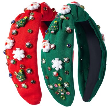2 Pack Christmas Headband for Women Rhinestone Crystal Jeweled Santa Claus Xmas Tree Snowflakes Embellished Ladies Wide Top Knot Red Green Makeup Hair Hoop Accessory Holiday Party Costume Decor Gifts