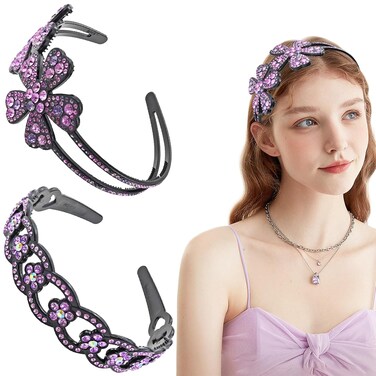 2 PACK Sparkly Rhinestone Headbands, Purple Rhinestone Headbands for Women, Crystal Jeweled Hairband, Double Row Non-Slip Hair Hoop