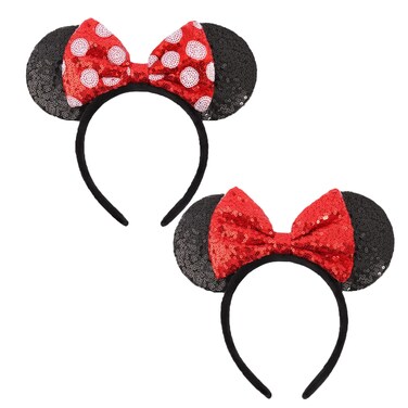 Shiny Sequin Mouse Ear Headbands, 2 PCS Classic Bow Headbands for Adult Women and Girls (Red Sequin &amp; Red Dot)