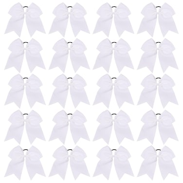20 PCS 8 Inch Cheer Hair Bows Large Cheerleading Big Hair Bows with Ponytail Holder Hand-made Grosgrain Ribbon Hair Accessories for Teen Girls (White)