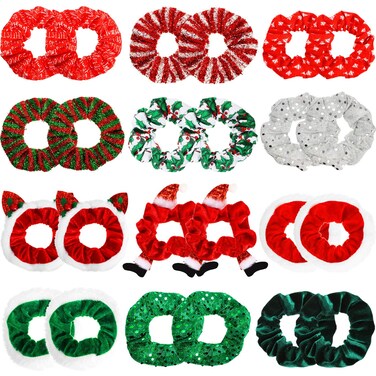 24 Pieces Christmas Hair Scrunchies Velvet Hair Tie Holiday Santa Claus Elastic Bobbles Scrunchy Hair Bands Ponytail Holders Headwear Christmas Hair Accessories for Women Girls