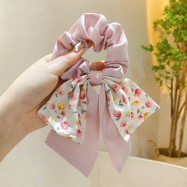 2pcs Large Intestine Hair Loop, 3.5in Chiffon Bow Tie Hair Loop Harmless Hair Loop Bow Scrunchies for Hair For Women Girls (Pink)