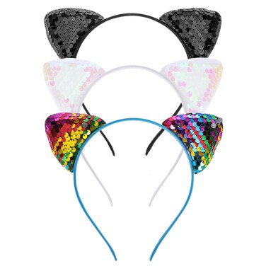 3 Pack Reversible Sequin Cat Ears Headband Shiny Cat Ear Hair Hoops Cute Bling Kitty Hairbands Festival Decoration Hair Accessories for Women Girls Party Halloween