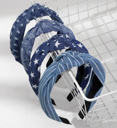 4 Packs Denim Blue Knotted Headbands for Women Girls Womens Hairbands Fashion Star Independence Day Hair Accessories Cute Stripe Floral Printed Head Bands for Women&rsquo;s Hair Non Slip