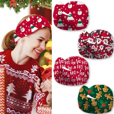 4 Pcs Christmas Headbands for Women, Wide Turban Dress Up Costume Stretchy Breathable Non Slip Head Wrap, Santa Claus Gingerbread Man Snowman Holiday Fall Winter Hair Band for Yoga Running Party
