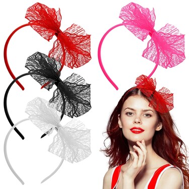 4 PCS Neon Lace Bow Headband,1980s Elastic Cosplay Hair Hoop Large Bowknot Neon Lace Headband 80s Hair Accessories for Theme Party Women Girls Carnival Christmas Part Daily Decoration