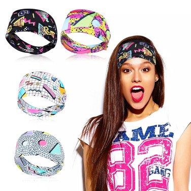 4Pcs 80s 90s Neon Headbands Retro Soft Sport Sweatbands Print Head Wraps Scarfs Universal Mens Running Hairbands Elastic Party Outfit Hair Accessories for Hip Hop Party Style Hiking Cycling Women