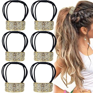6 PACK Sparkly Rhinestone Hair Ties Crystal Ponytail Holder Headband Bling Hair Bands Hair Clip Barrettes Glitter Elastics Scrunchies Fancy Hair Ties Hair Accessories for Women Girls (Gold)