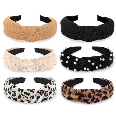 WOVOWOVO Headbands for Women Girls Thick Turban Velvet Knotted Headband Wide Pearl, Top Knot Head Bands for Women&rsquo;s Hair Band, 6Pcs