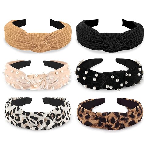 WOVOWOVO Headbands for Women Girls Thick Turban Velvet Knotted Headband Wide Pearl, Top Knot Head Bands for Women&rsquo;s Hair Band, 6Pcs
