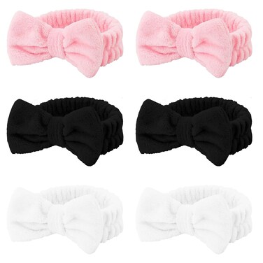 6 Pcs Spa Headbands, Sleepover Party Favors, Soft Coral Fleece Bow Hair Band, Make up Headbands for Women Girls, Skincare Headbands for Face Washing Yoga Slumber Party