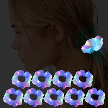 LED Light Up Hair Scrunchies for Women Girls, 9 Pcs Blue Satin Elastic Bands Ponytail Holder Glow in the Dark Hair Accessories Neon Rave party supplies