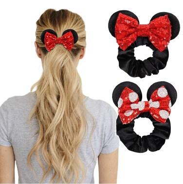 Women's Sequins Hair Bow Scrunchies, Velvet Mouse Ear Hair Ties for Ponytail, Party Favors, Cosplay Costume, Cute Accessories - Red Black