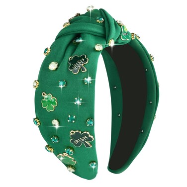 St.Patrick's Day Headbands for Women Green Rhinestone Beaded Headband Crystal Jeweled Shamrock Top Knot Headband Irish St Patricks Day Hairband Accessories Gifts (Green-A)