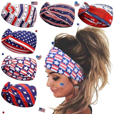 Acenail 4th of July Headbands American Flag Headband USA Patriotic Bandana Red White Blue Head Band Twist Stars Stripes Criss Cross Hairbands Independence Day Hair Accessories for Women 6Pcs