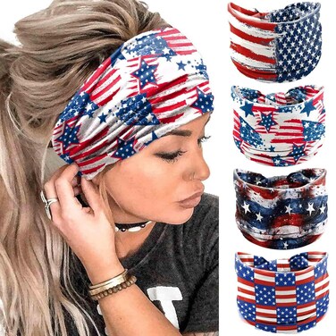 Olbye 4th of July Headband Patriotic American Flag Hairband USA Red White Blue Headbands Wide Knotted Head Band Stars Bandana Independence Day Hair Accessories for Women 4Pcs (Multicolor A, Wide)