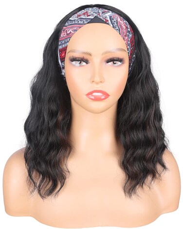 Black Headband Wigs With Brown Highlights For Black Women Synthetic Black Brown Wavy Headband Wigs Soft Light Natural Looking Hair Replacement Wigs Heat Resistant (14 Inch, black brown)