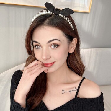YienDoo Unique French Pearls Headbands Velvet Rabbit Ears Bow Knot Hairbands Faux Pearl Champagne Hair Hoop Princess Tiara Bridal Hairband Wedding Party Hair Accessories for Women Girls