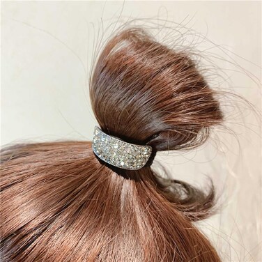 Boho Rhinestone Ponytail Holder Cuffs Geometric Elastic Scrunchies Silver Crystal Ponytail Hair Tie Band Luxury Ponytail Hairband Ring Hair Accessories for Women and Girls