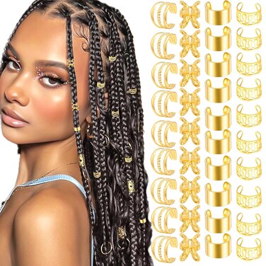 40PCS Hair Jewelry for Braids Gold Hair Cuffs Multi Style Rings Adjustable Hair Beads for Braid Loc Dreadlock Accessories for Women and Girls