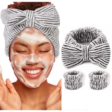 Spa Headbands with Matching Wristbands Bow Hairbands Towel Wristbands Stripe Makeup Hair Band Microfiber Wrist Scrunchies Bowknot Head Bands for Washing Face Shower Mask Facial Makeup