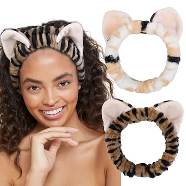 Plush Cat Ears Spa Headband For Washing Face Skincare Makeup, Elastic Animal Headbands for Women Girls Soft Coral Fleece Facial Wash Hair Accessories Trendy Stuff Gifts, 2PCS