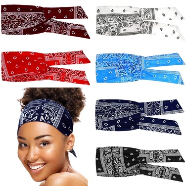 WILLBOND 6 Pieces Wide Headbands for Women, Adjustable Bandana Headband Tie, Knotted African Hairband, Yoga Elastic Non Slip Floral Hairbands for Running Hiking Cycling Workout(Paisley Patterns)