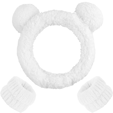 AHONEY Spa Bear Ears Headband, Face Wash Headband and Wristband Set, Cute Makeup Skincare Headbands Wrist Bands for Washing Face Fluffy Headband for Women Girls Elastic Hair Band (White)