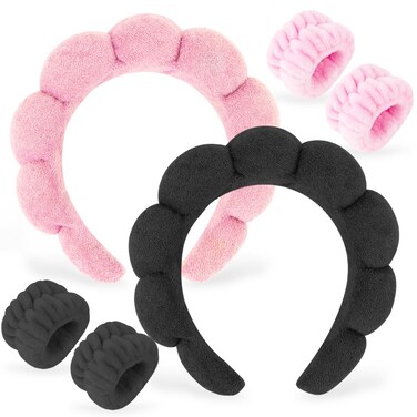 AHONEY 2 Set Spa Headbands for Washing Face and Wristband Set, Skin Care Headband Sponge Facial Skincare Headbands Terry Cloth Puffy Makeup Accessories for Women Girls (Black&amp;Pink)
