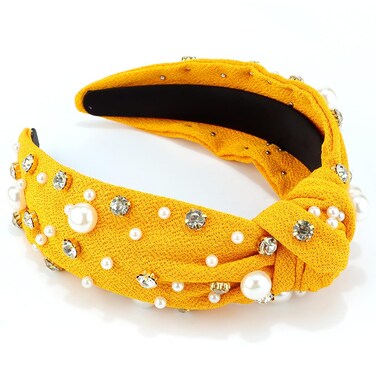 AHONEY Pearl Headband Knotted Headband for Women Girls, Rhinestone Top Knot Crystal Headband Yellow Jeweled Fashion Headpiece Boho Wide Head Band for Women's Hair Accessories