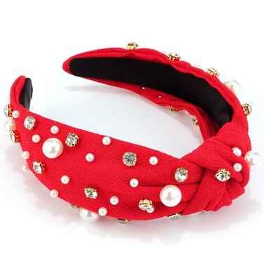 AHONEY Pearl Headband Red Knotted Headband for Women Girls, Rhinestone Top Knot Crystal Headband Jeweled Fashion Headpiece Wide Head Band for Women's Hair Accrssories