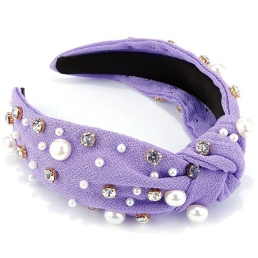 AHONEY Pearl Headband Knotted Purple Headband for Women Girls, Rhinestone Top Knot Crystal Headband Jeweled Fashion Headpiece Boho Wide Head Band for Women's Hair Accessories