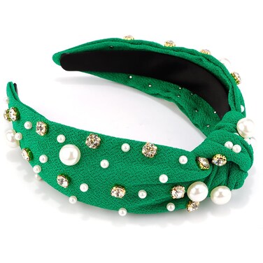 AHONEY Green Headband Pearl Headband Knotted Headband for Women Girls, Rhinestone Top Knot Crystal Headband Green Headpiece Wide Head Band for Women's Hair St Patrick's Day