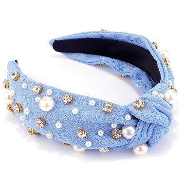 AHONEY Pearl Headband Knotted Light Blue Headband for Women Girls, Rhinestone Top Knot Crystal Headband Jeweled Fashion Headpiece Boho Wide Head Band for Women's Hair