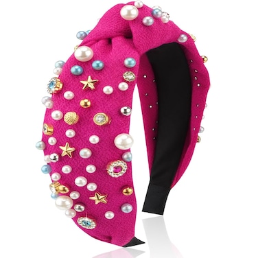 AHONEY Hot Pink Knotted Headband for Women Girls, Pearl Rhinestone Top Knot Crystal Beaded Fashion Headpiece Boho Wide Head Band for Women's Hair Party Gifts Hoilday Hair Accessories