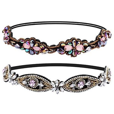 2 Pieces Rhinestone Beaded Elastic Headband，Fashion Headbands Handmade Hair Bands Hair Accessories for Lady Woman 20-25" Fits for Most