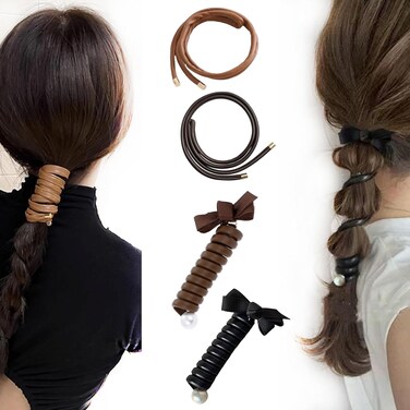 4pcs Spiral Hair Ties, PU Leather Bowknot Braided Bands for Girls Women