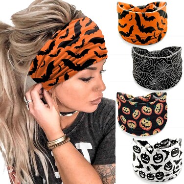 4Pcs Halloween Headbands for Women - Pumpkin Bat Wide Holiday Hair Bands, Festive Gift Hair Accessories (Spider Web)