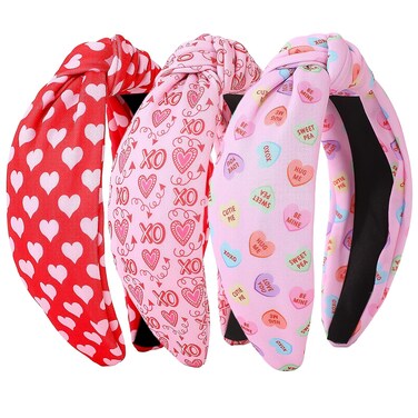 3Pcs Valentine's Day Headbands for Women, Heart Love Holiday Knotted Hair Hoops, Festive Gift Hair Accessory (Pink)