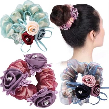 3Pieces Big Hair Silk Scrunchies with Flowers and Crystal Decorated for Thick Hair Elastic Ties for Girls &amp; Women(Purple,Green,Blue)